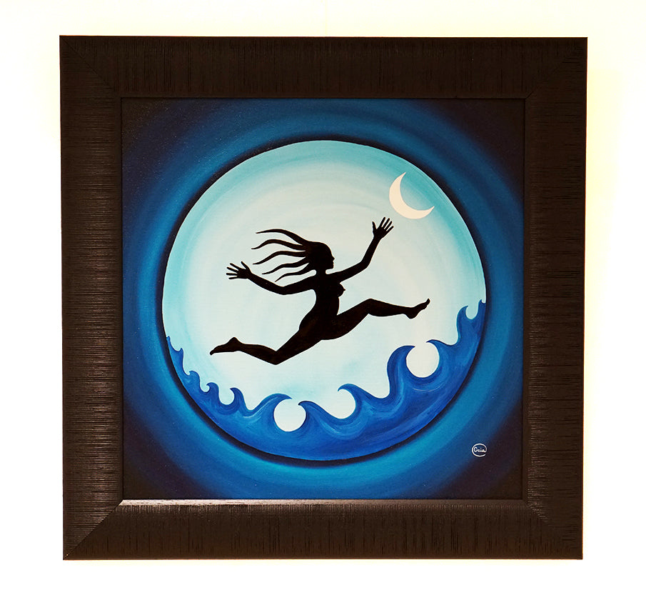 I am Free! - Oil on Canvas - silhouette of a woman leaping joyfully against a blue moon and waves background.
