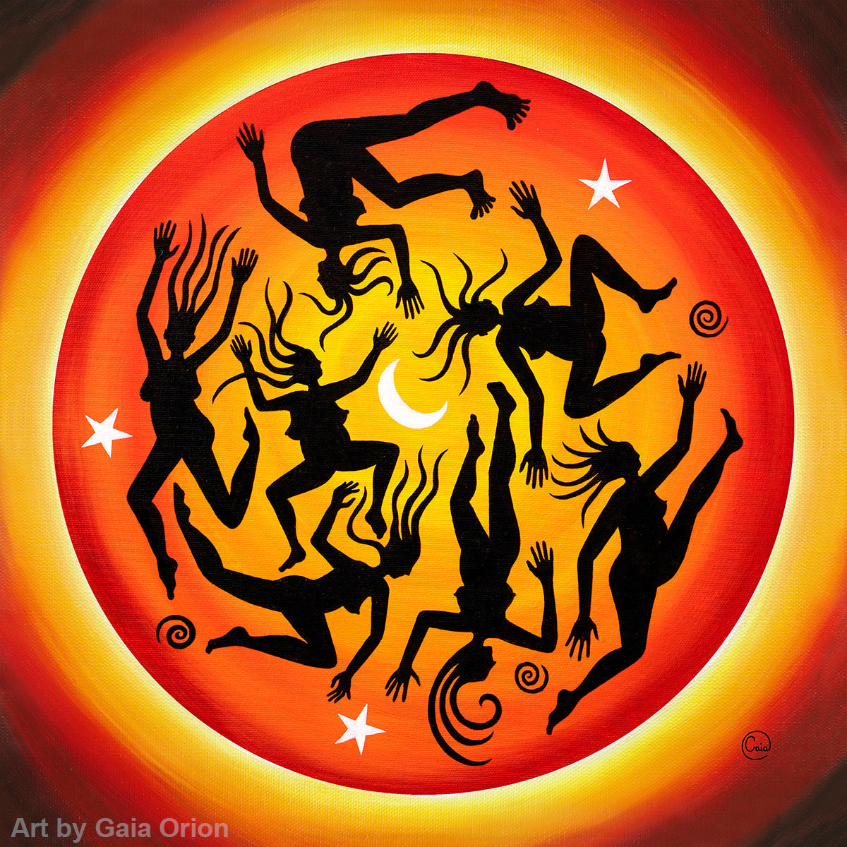 Free Spirit Dance - Oil on Canvas 45x45 cm showing black silhouettes dancing against a fiery red and orange background.