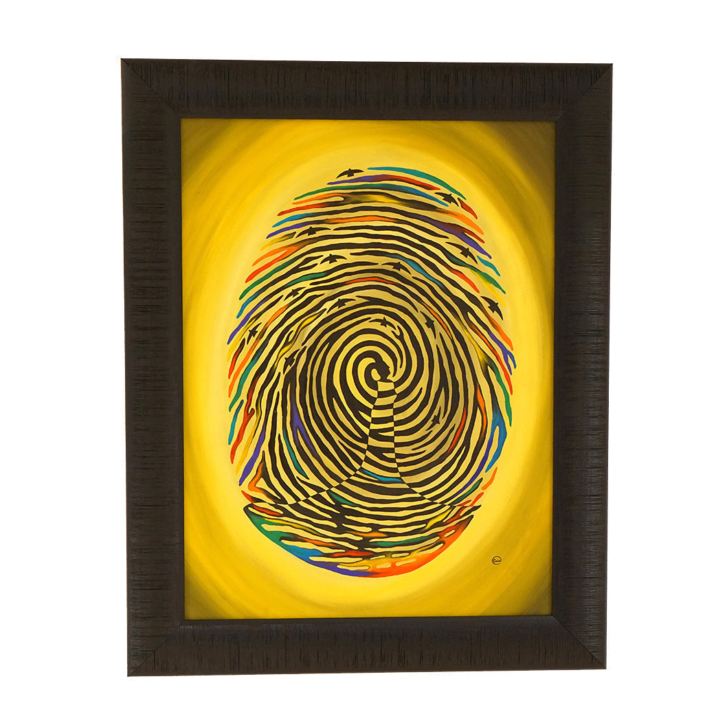 Freedom From The Imprint - Framed Oil on Canvas showing a colorful fingerprint with a meditative figure inside.