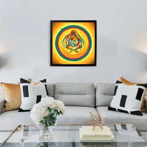 large yellow mandala painting on a wall with a great mother goddess holding the planet earth in her uterus