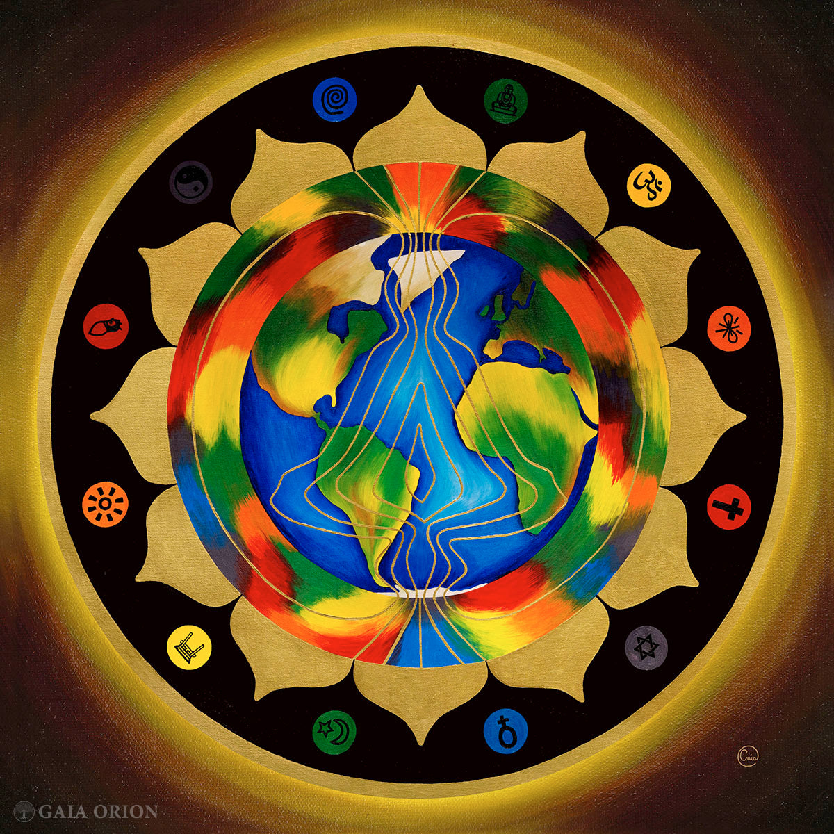 A mandala for peace on earth with symbols of all religions and a person meditating in the planet