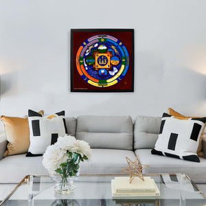 A framed print on canvas above a couch a modern Tibetan mandala created for the marriage celebration