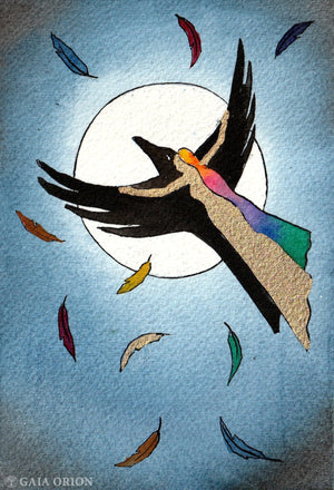 woman with rainbow hair flying to the full moon on  a raven