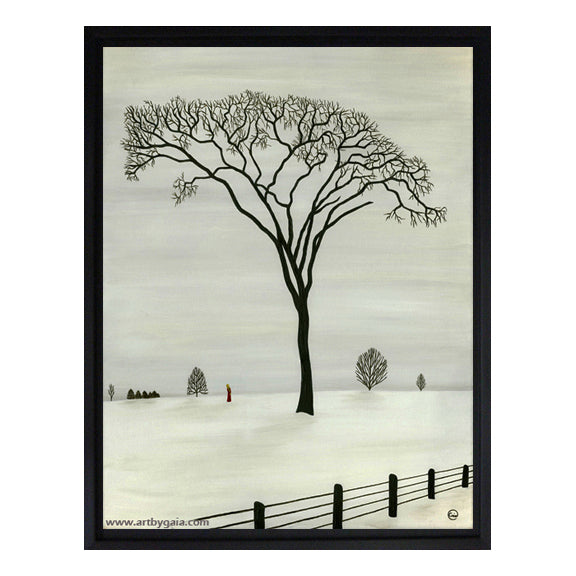 The silhouette of an elm tree with a fence row a person with a red coat walking in the snow to their favourite tree