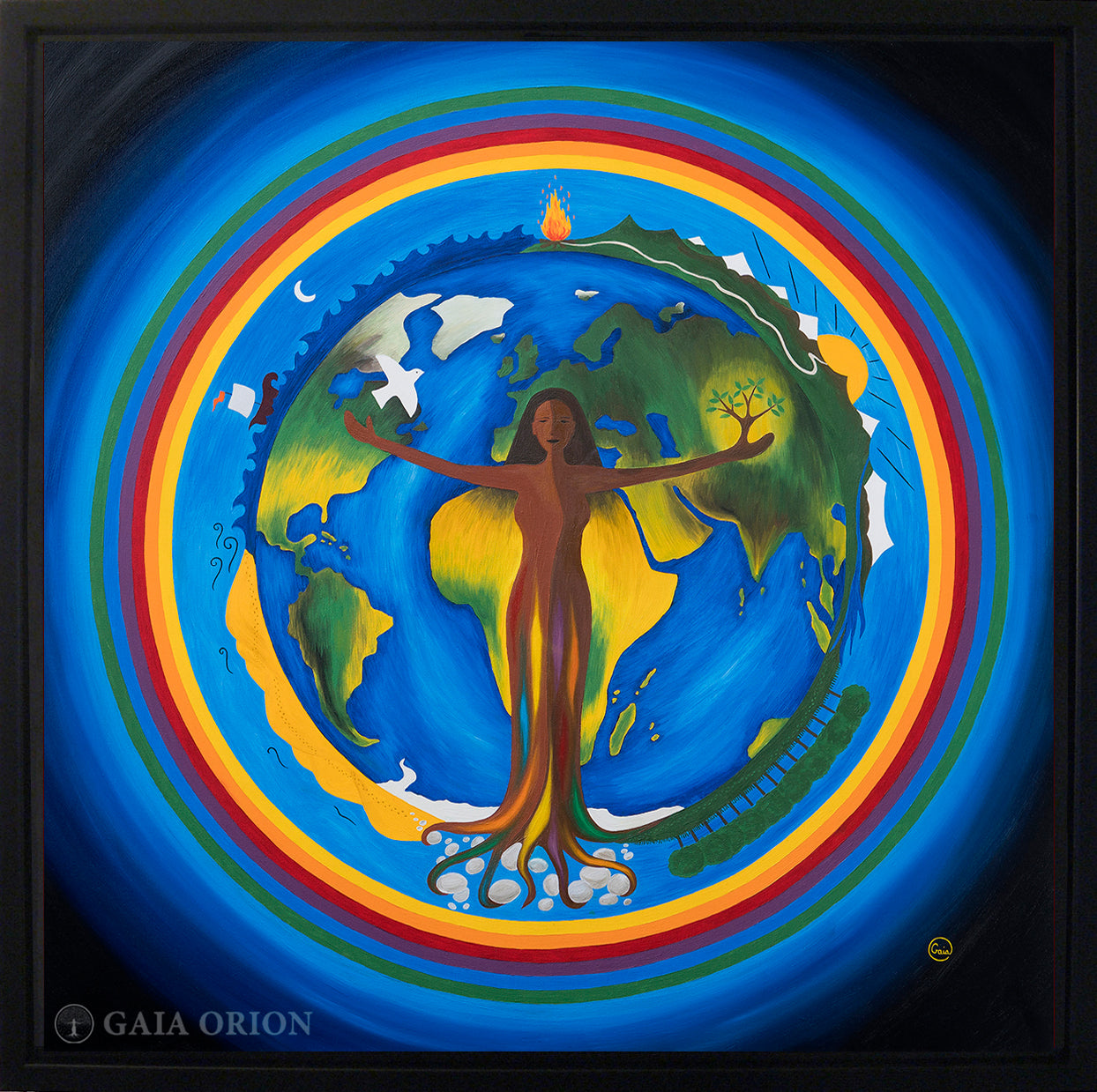 Mother nature holding a sprouting tree with sun moon the four elements fire water air earth and a rainbow circle