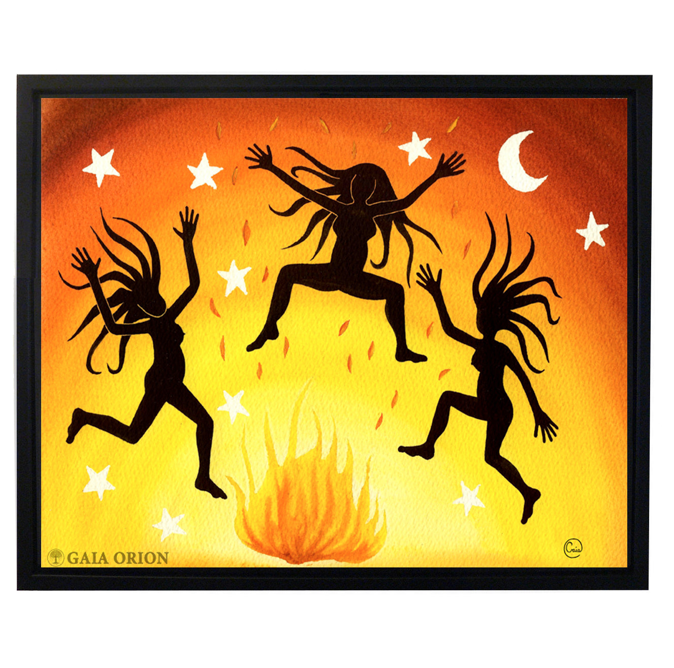three crazy naked women having fun around a fire naked being silly and free of judgement under stars and moon