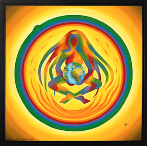 a woman holding the planet earth in her womb with ouroboros symbol around