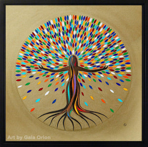 a sacred feminine mandala of a woman and flourishing tree with rainbow colours