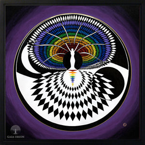a sacred geometry woman tree of life with rainbow colors and a purple background