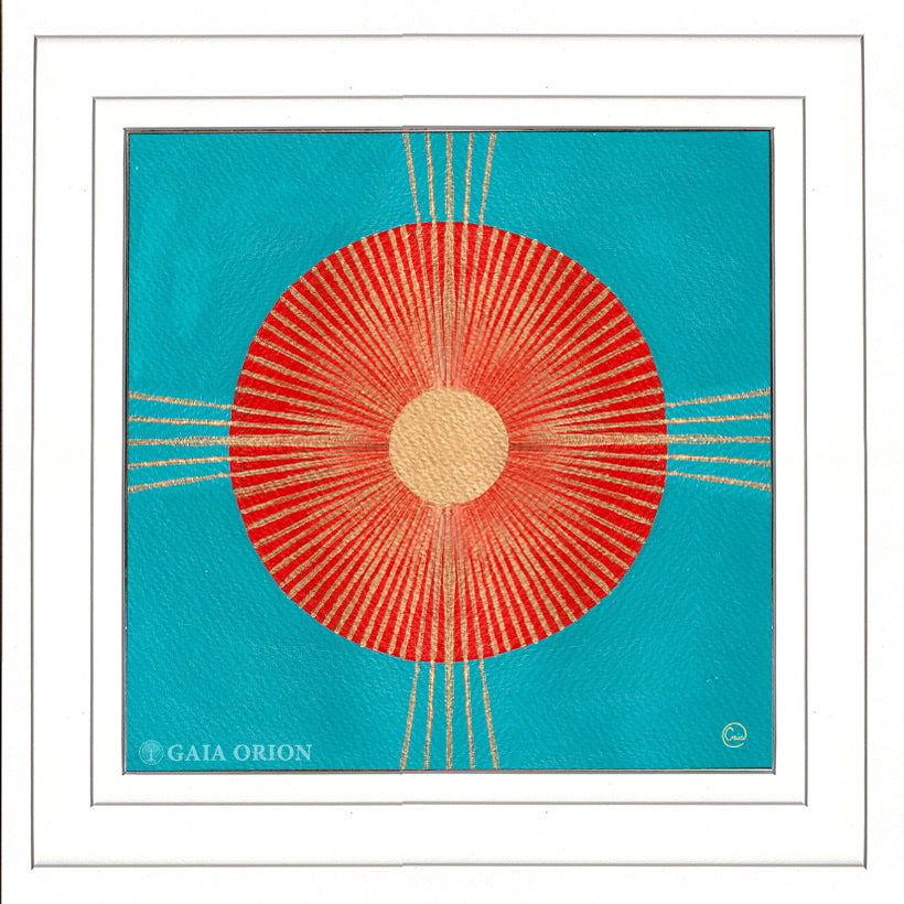 the symbol of a sun with gold sunrays an orange and turquoise mandala that uplifts the spirit