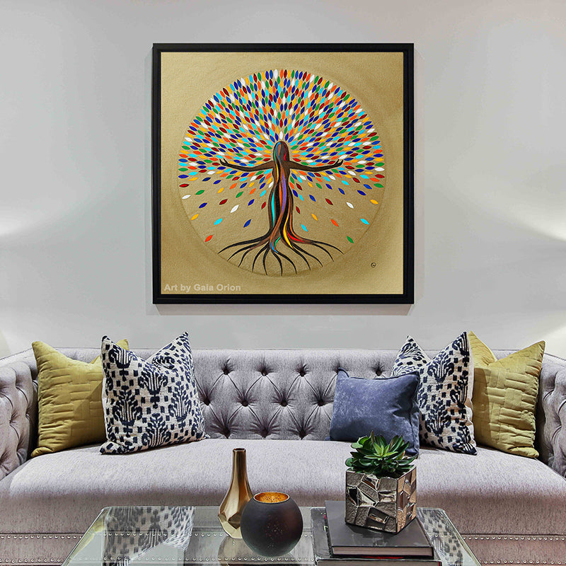 A empowered woman tree with rainbow colors in her leaves on a gold background
