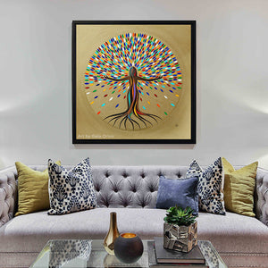 A balanced rooted strong open-hearted woman tree who is exploding with life and vibrant colors