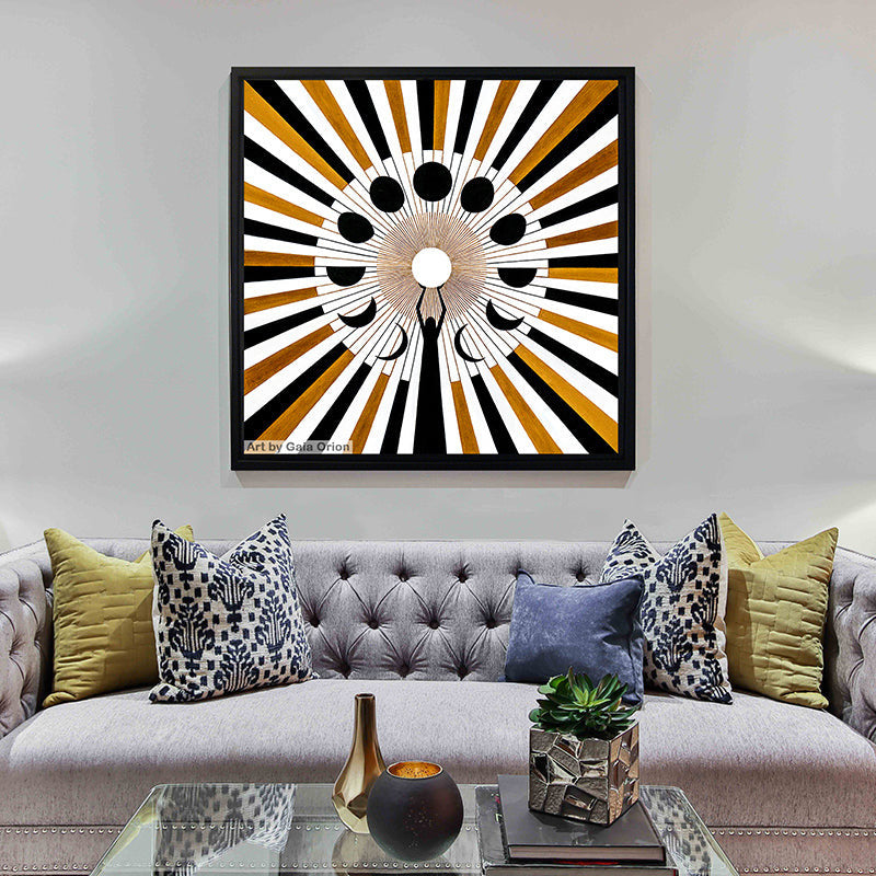 a black and white and gold geometric painting showing a sun and moon cycles and a woman silhouette