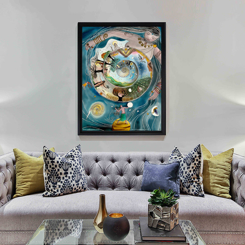 The Shaman - Prints on Paper featuring a mystical spiral connecting nature, humans, and cosmic elements in vibrant colors.