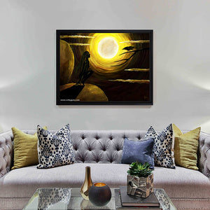 A large framed print of a wild woman painting black and brown colors