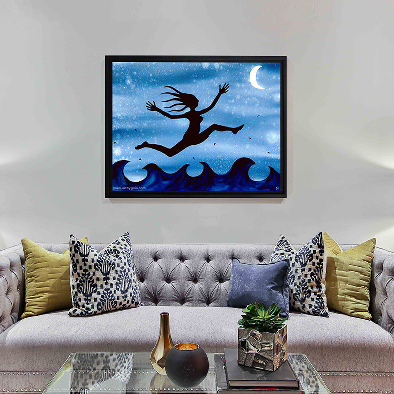 This painting of a free woman running across the sea walking on water like a superwoman going for the moon yes she can she is inspiring