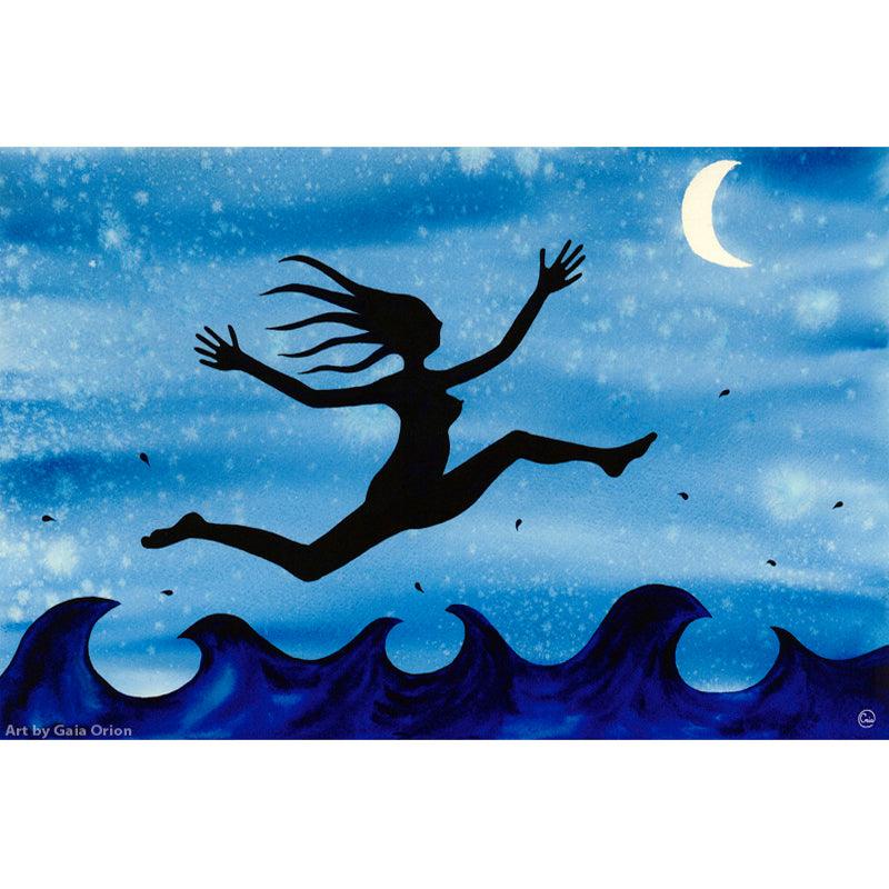 I am Free! - silhouette of a joyful figure leaping over waves on blue sky background on cotton paper print.