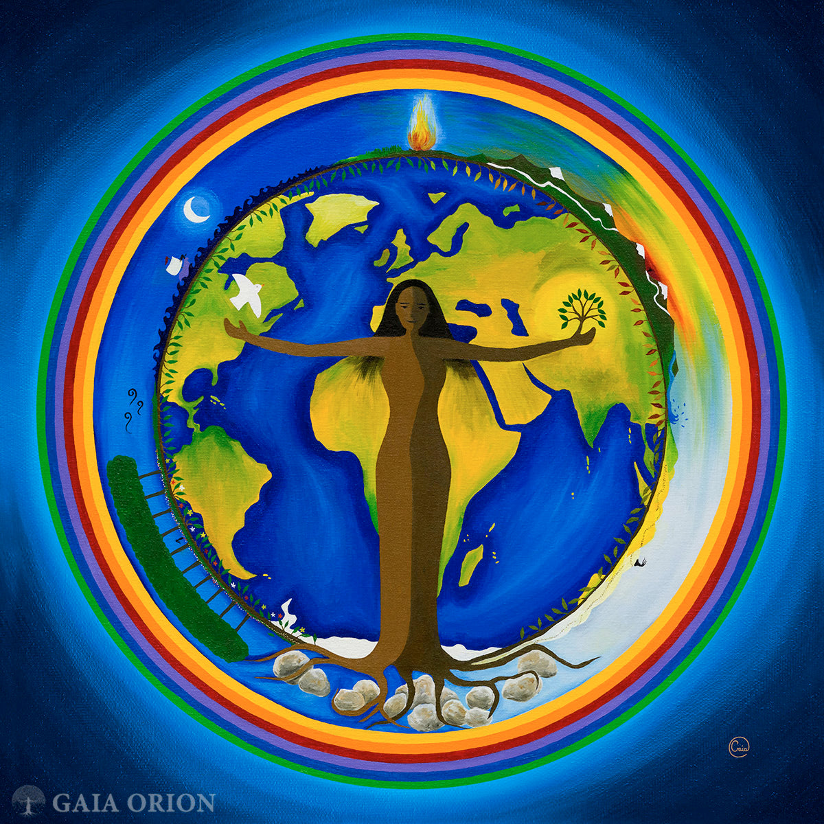 Mother nature holding a sprouting tree with sun moon the four elements fire water air earth and a rainbow circle