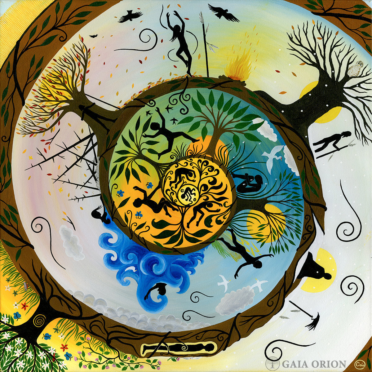 Life Journey - Prints on Paper showing seasonal cycle with human figures, trees, and nature in a circular design.
