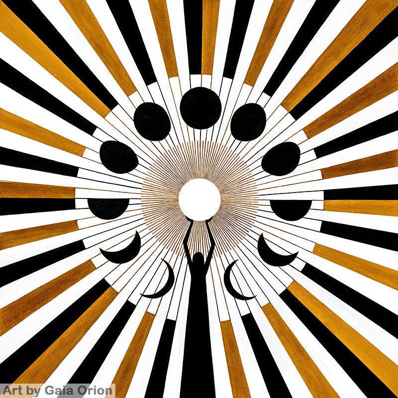 a black and white and gold geometric painting showing a sun and moon cycles and a woman silhouette