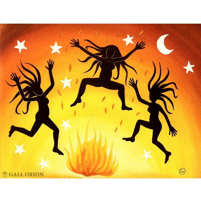 three women dancing wild around a fire free ecstatic dance naked under moon and stars