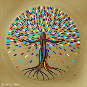 A empowered woman tree with rainbow colors in her leaves on a gold background