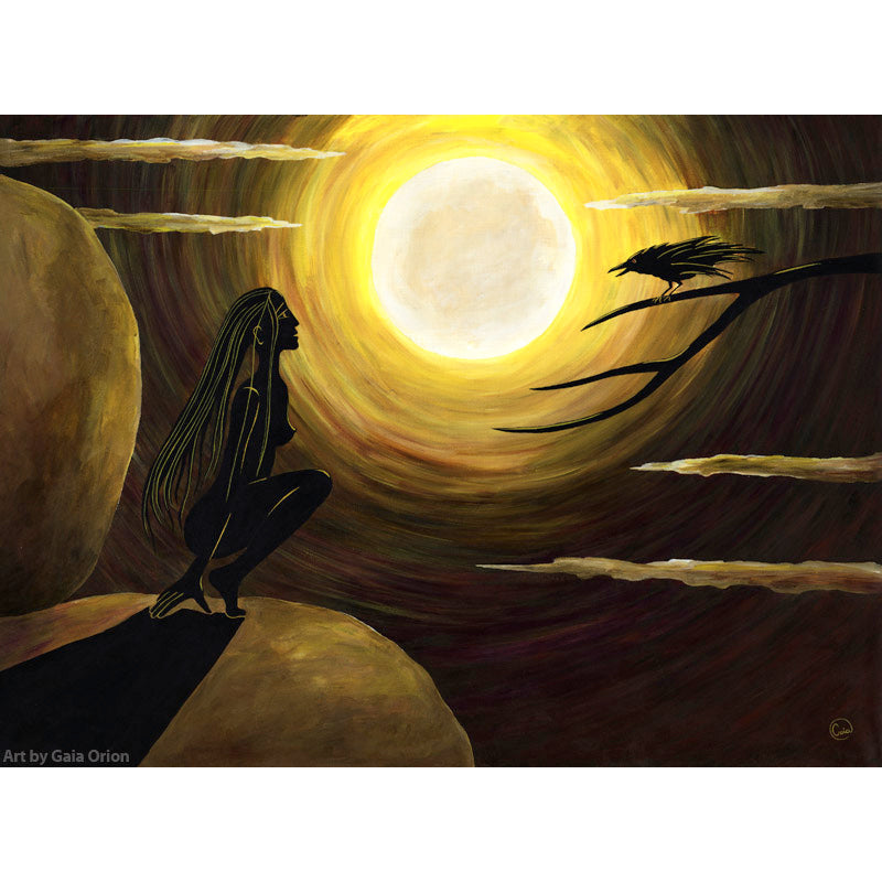 Silhouette of a Wild woman crouching looking at a raven with a full moon