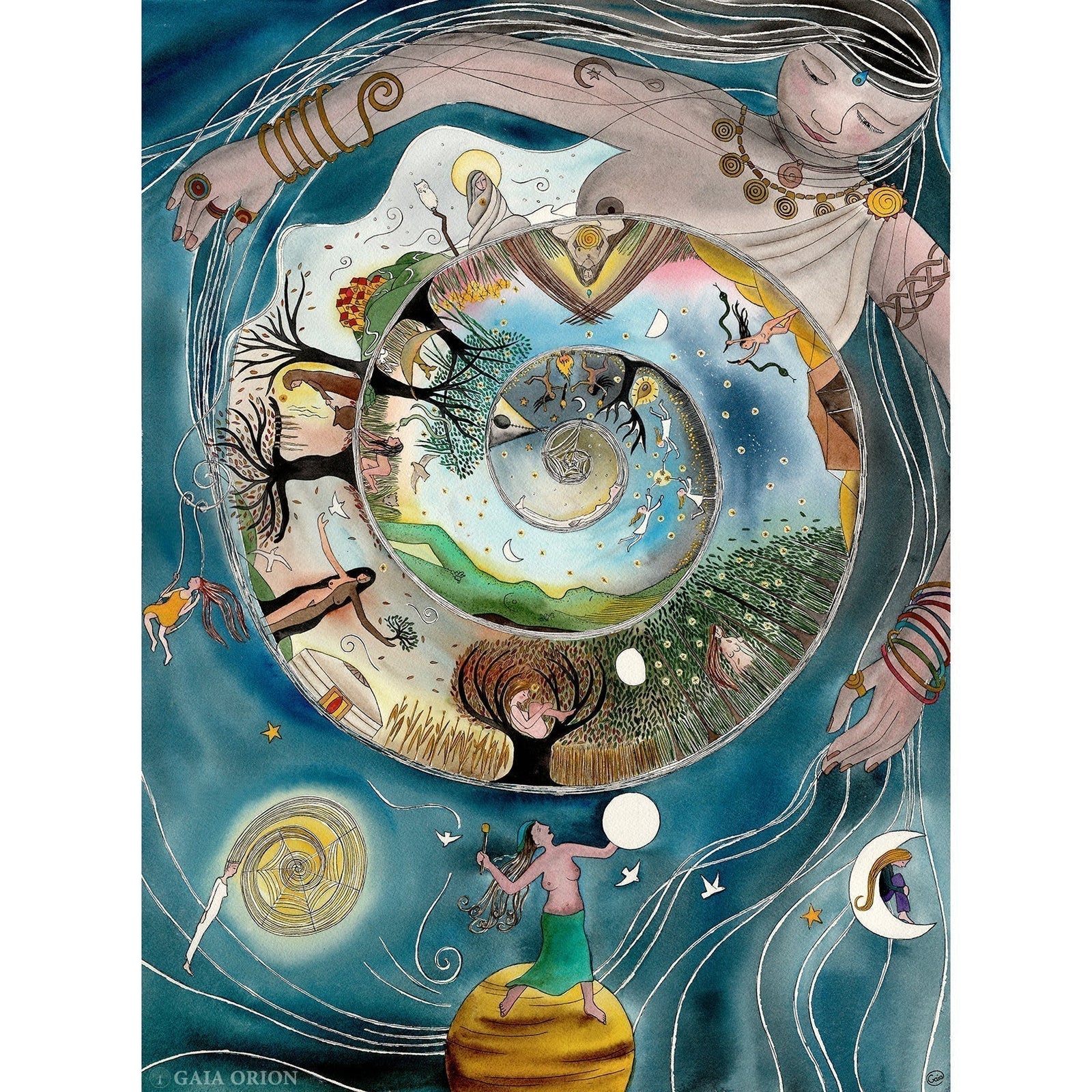 The Shaman - Prints on Paper featuring a mystical spiral connecting nature, humans, and cosmic elements in vibrant colors.