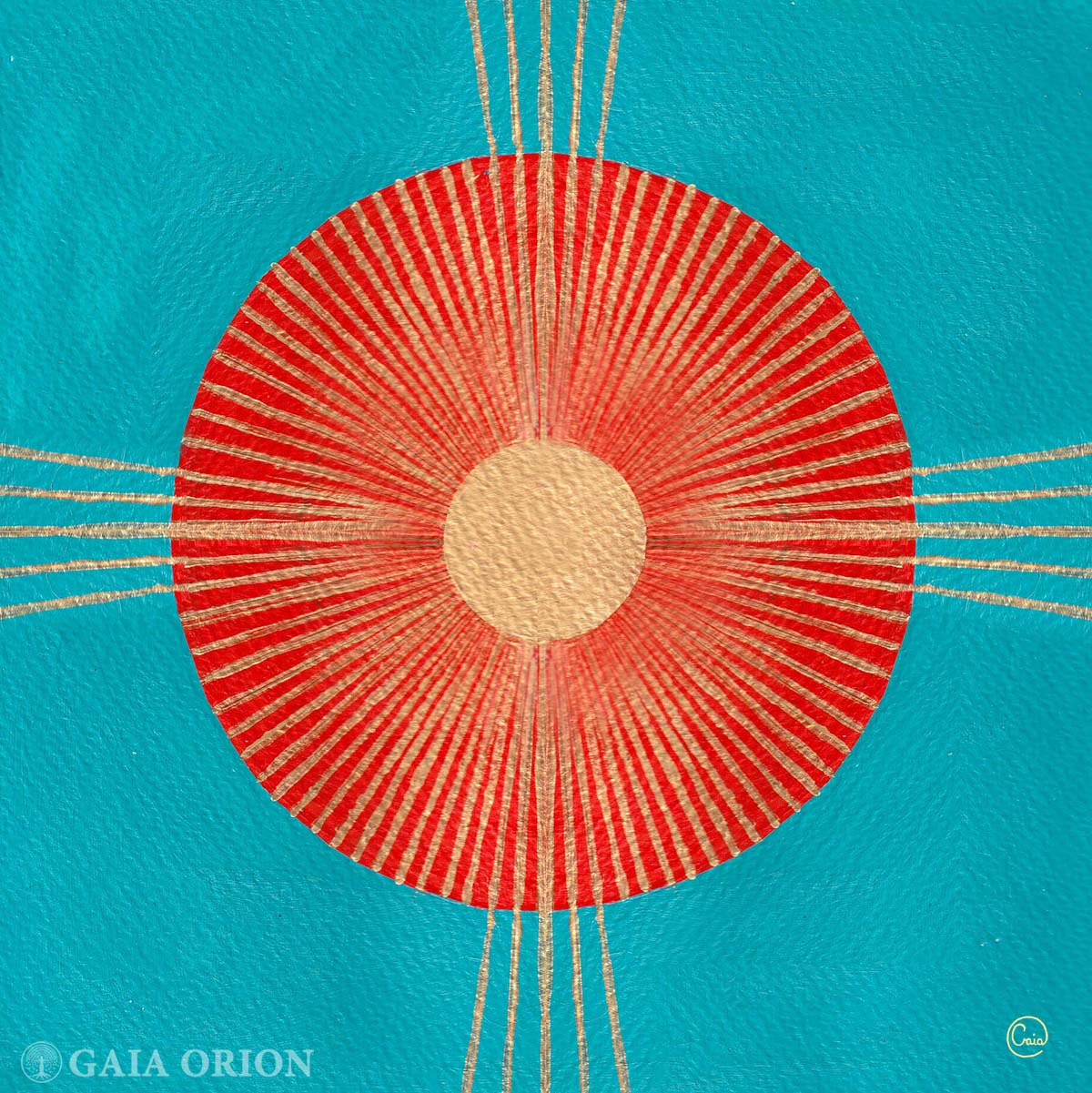 It is vibrant gold sun against a orange circle and a turquoise background a symbol for truth power and life