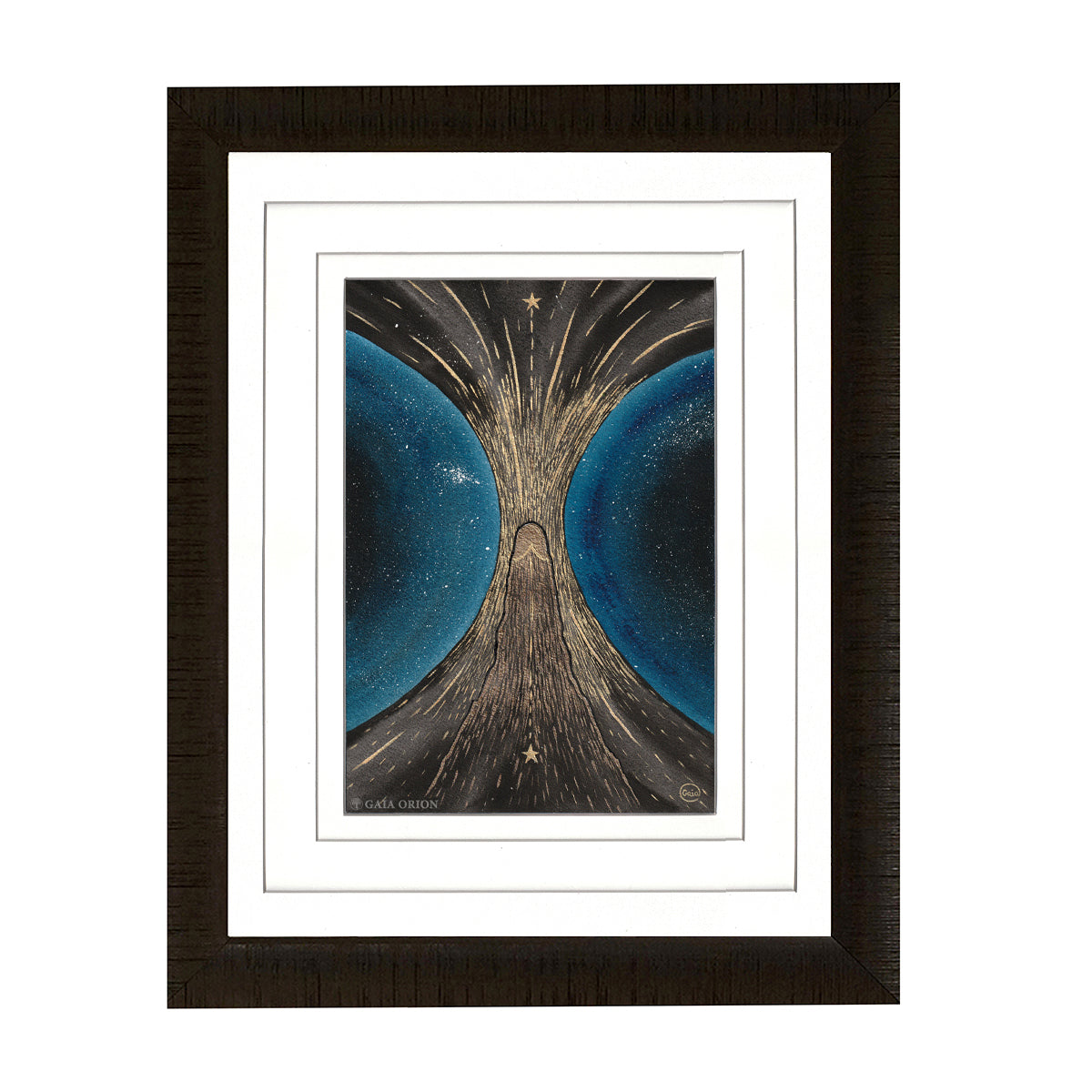 Mountain Peak - Watercolour 30 x 20 cm depicting a symbolic tree with cosmic blue background and golden textured details.