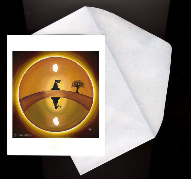 At Peace Eco Greeting Card shows a meditative figure on a bridge with a tree under glowing moonlight.