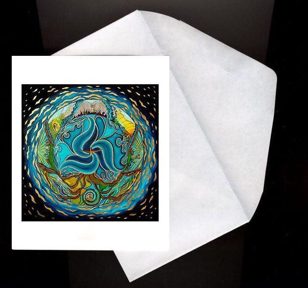Goddess of The Ocean Eco Greeting Card features a mystical blue ocean swirl with human and natural elements.