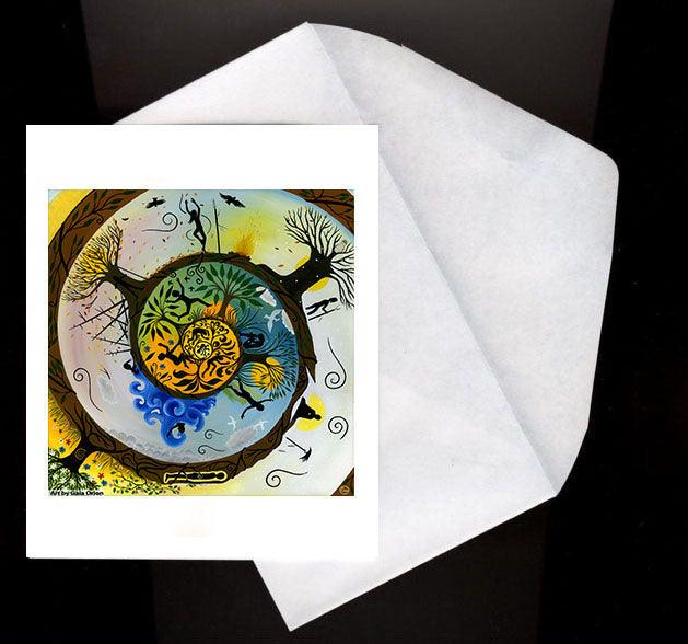 Our Journey Eco Greeting Card featuring a spiral tree of life with changing seasons and human silhouettes.