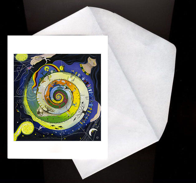Weaving Her Journey Eco Greeting Card shows a woman weaving a colorful spiral of life, nature, and sky elements.