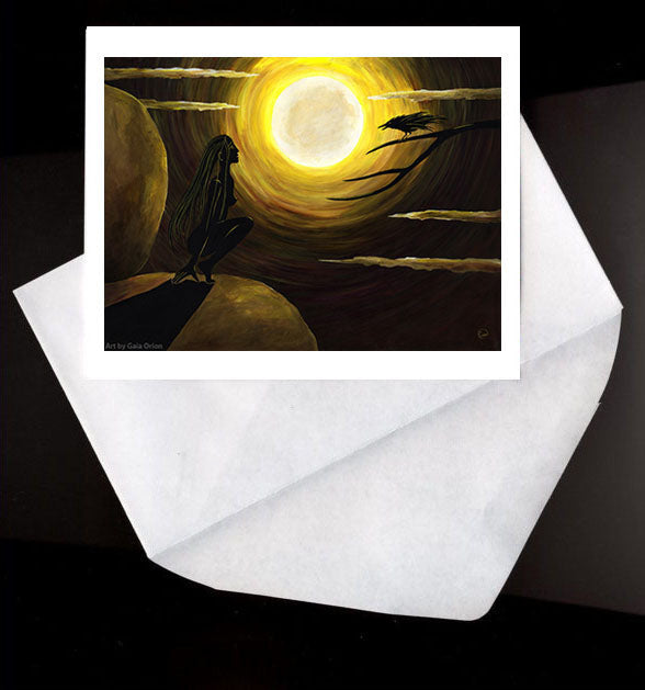 Raven Call Eco Greeting Card with silhouette of woman and raven beneath a large glowing moon in a dark sky.