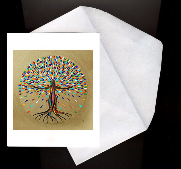 She Flourishes Eco Greeting Card with a vibrant woman-tree figure symbolizing creativity on recycled paper.