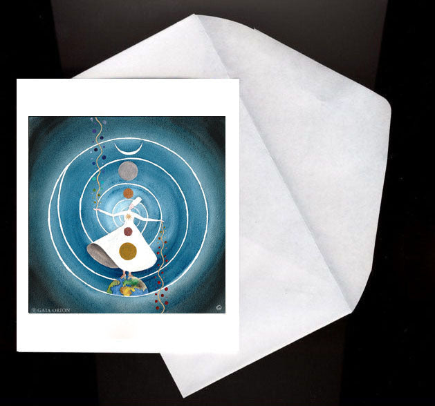 Sufi Dancer print on paper depicts a spiritual dancer in white, surrounded by concentric circles and colorful orbs.