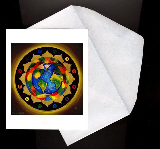 World Peace Eco Greeting Card featuring a colorful mandala uniting religions and promoting global peace on recycled paper.