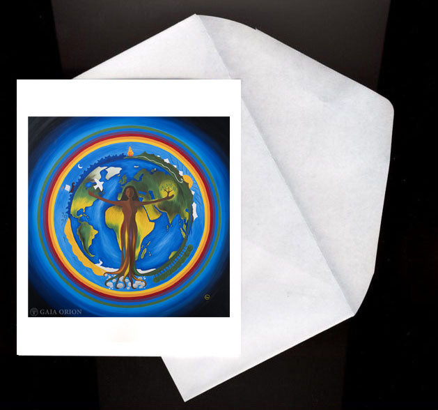 Mother Nature Eco Greeting Card showing a woman as Earth with arms outstretched embracing nature and life.