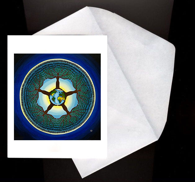 Equilibrium Eco Greeting Card showing Earth with interconnected tree branches forming a circular pattern of harmony and nature.