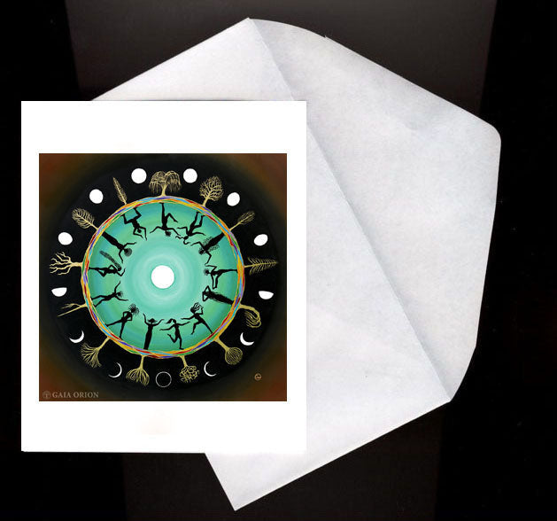 Thirteen Moons Eco Greeting Card features thirteen silhouetted women dancing around moon phases and trees in a circular design.