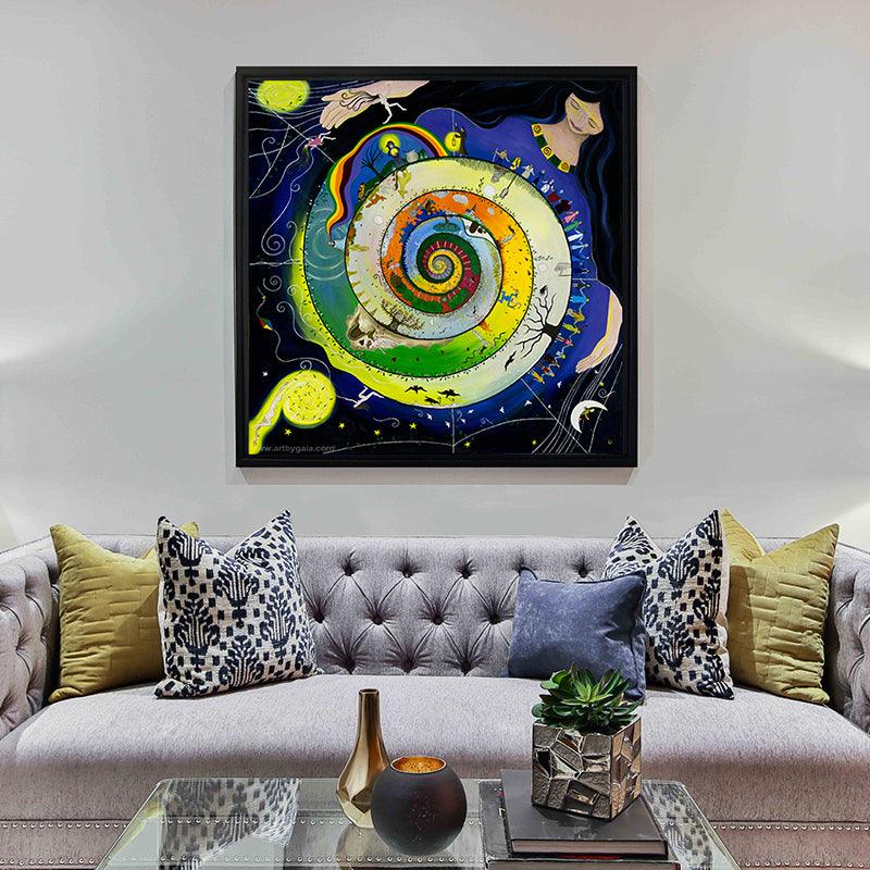 Weaving Her Journey - Prints on Canvas showing a woman weaving a vibrant spiral world under a night sky.