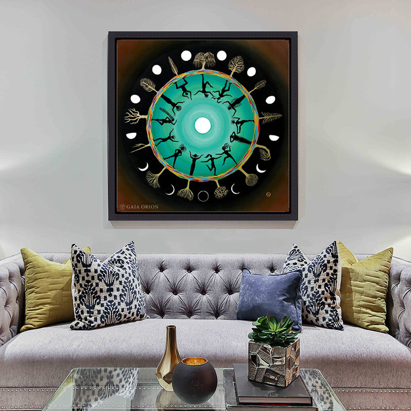 Thirteen Moons - Prints on Canvas featuring women dancing in a circle with moon phases and vibrant colors.