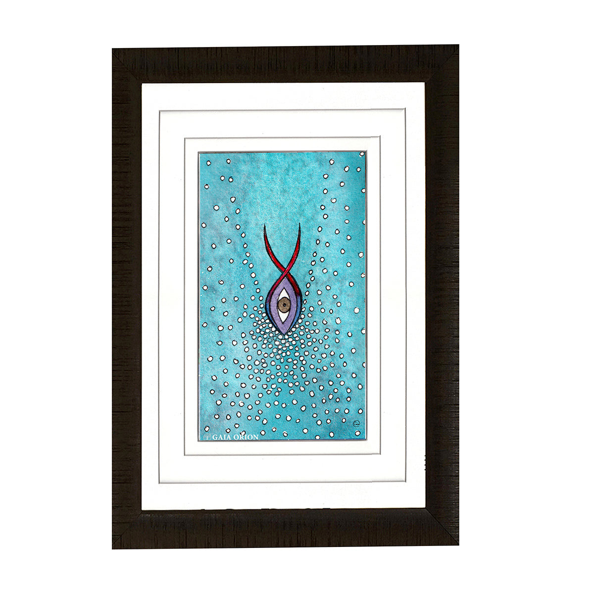 Going Deeper - Watercolour 15 x 9 cm features an abstract eye with red and purple shapes on a blue dotted background.