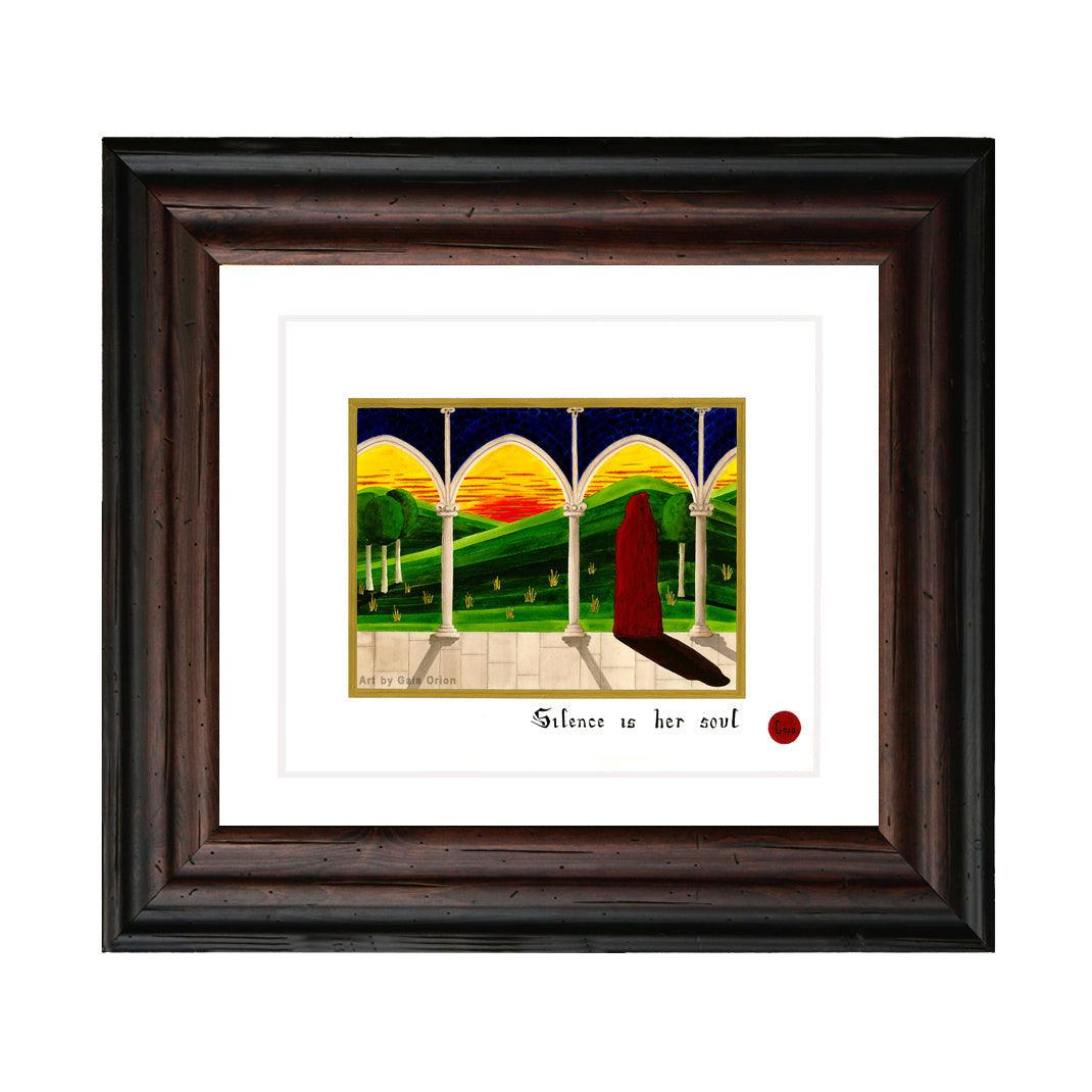Silence is her Soul (Hildegard) oil painting showing a cloaked figure at dawn framed by arches and green hills.