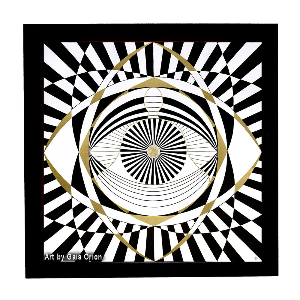 A meditator inside an eye with geometric lines black white and gold psychedelic awakening experience