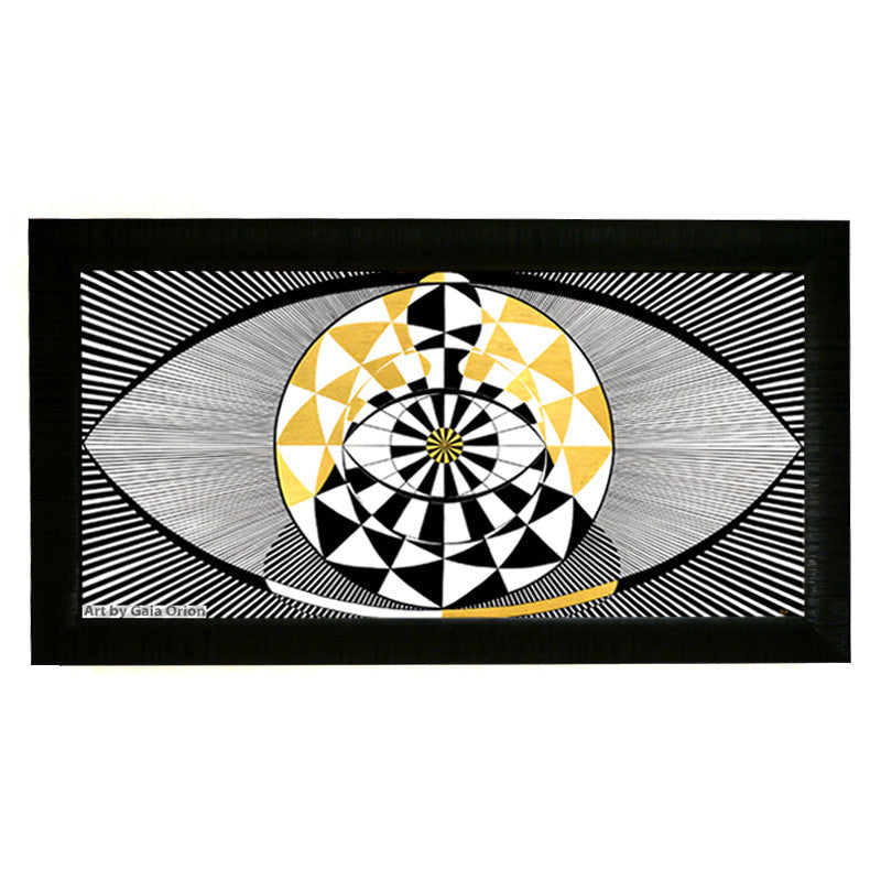 He Awakens - Oil on Canvas - 50 x 100 cm, abstract figure meditating with geometric patterns in black, white, and gold.