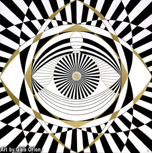 A meditator inside an eye with geometric lines black white and gold psychedelic awakening experience