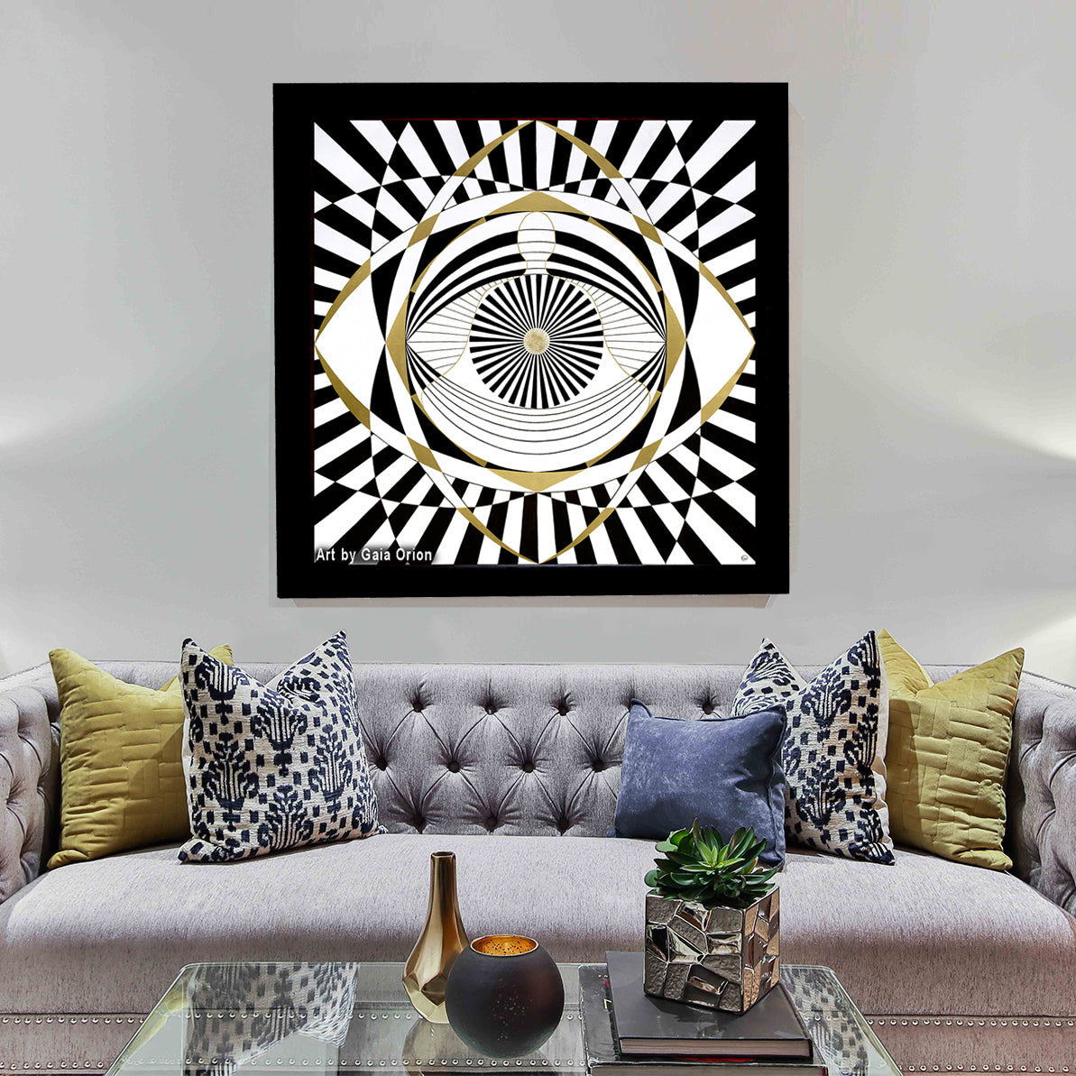 a framed painting blan white and gold geometric lines with a person meditating