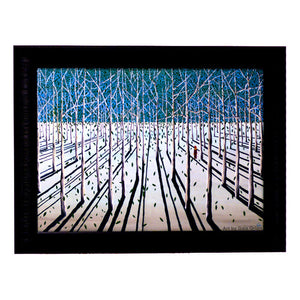 A framed oil on canvas showing a small person with  a red coat in the middle of a birch trees forest and blue sky